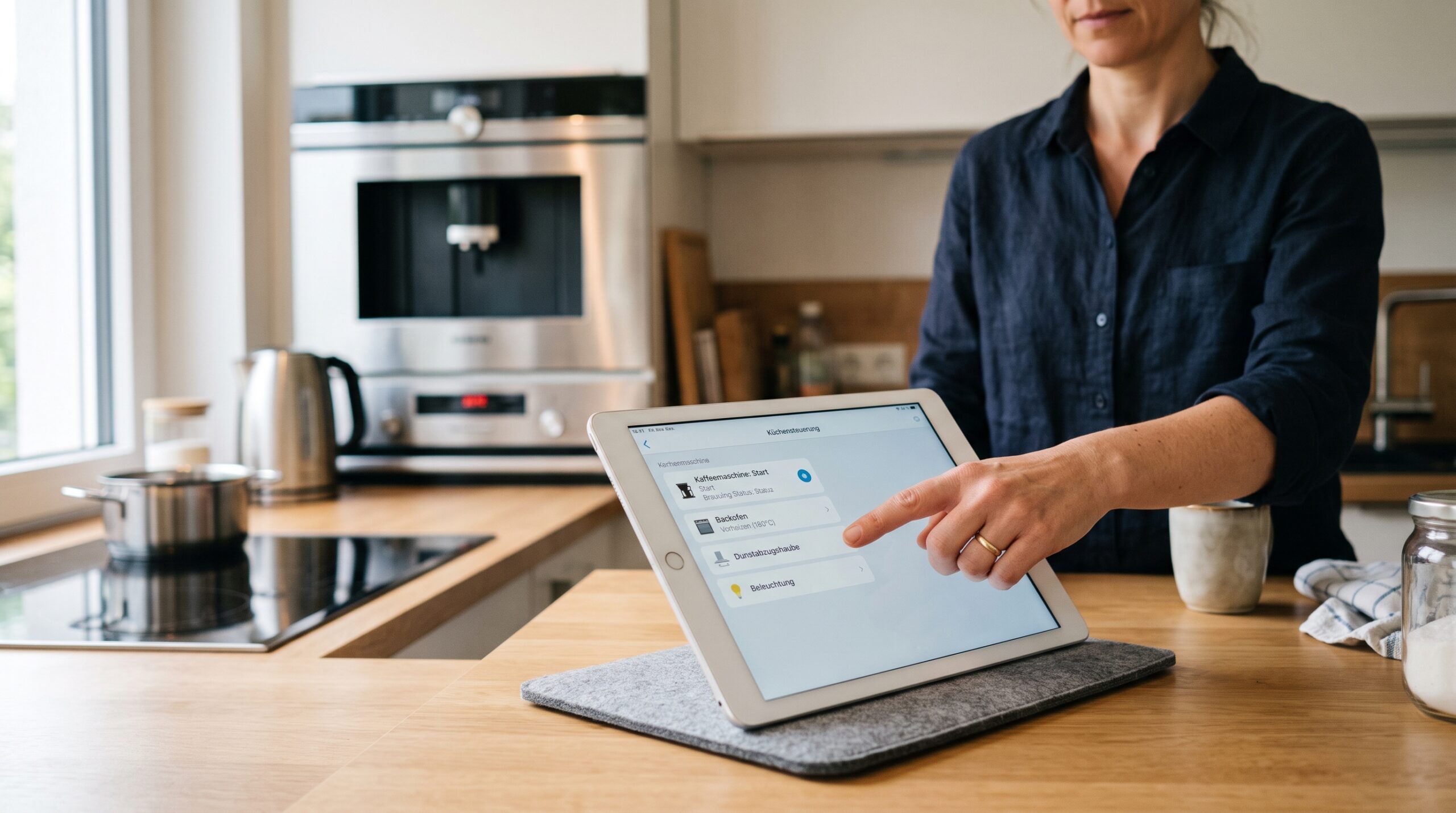 Hand bedient ein Tablet zur Steuerung von Küchengeräten