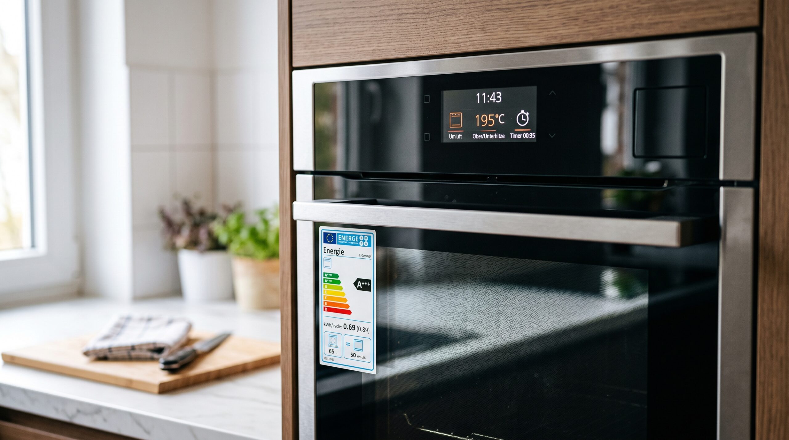 Nahaufnahme eines modernen Backofens mit Touch-Display und Effizienzsiegel
