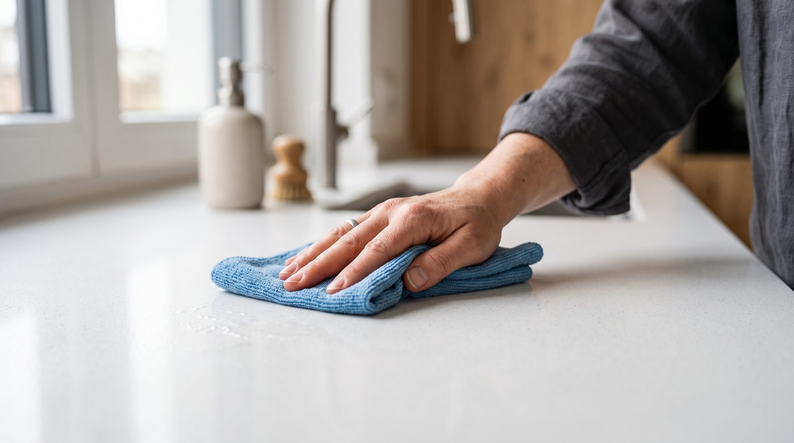 Nahaufnahme einer Hand, die eine makellose Keramik-Arbeitsplatte reinigt