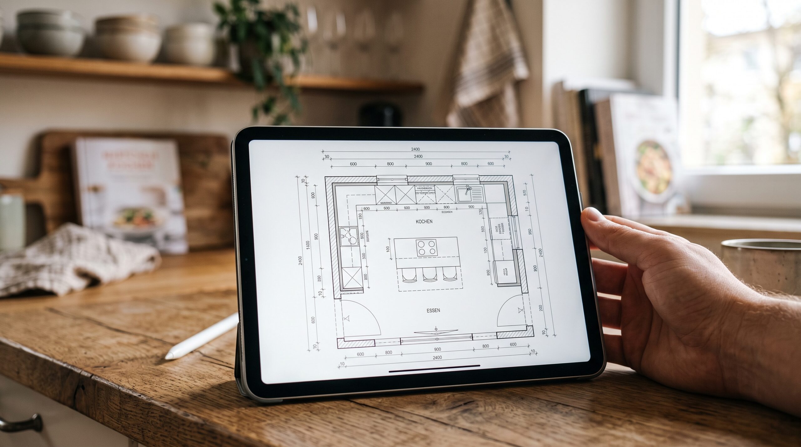 Detaillierter Grundrissplan einer Küche auf einem Tablet