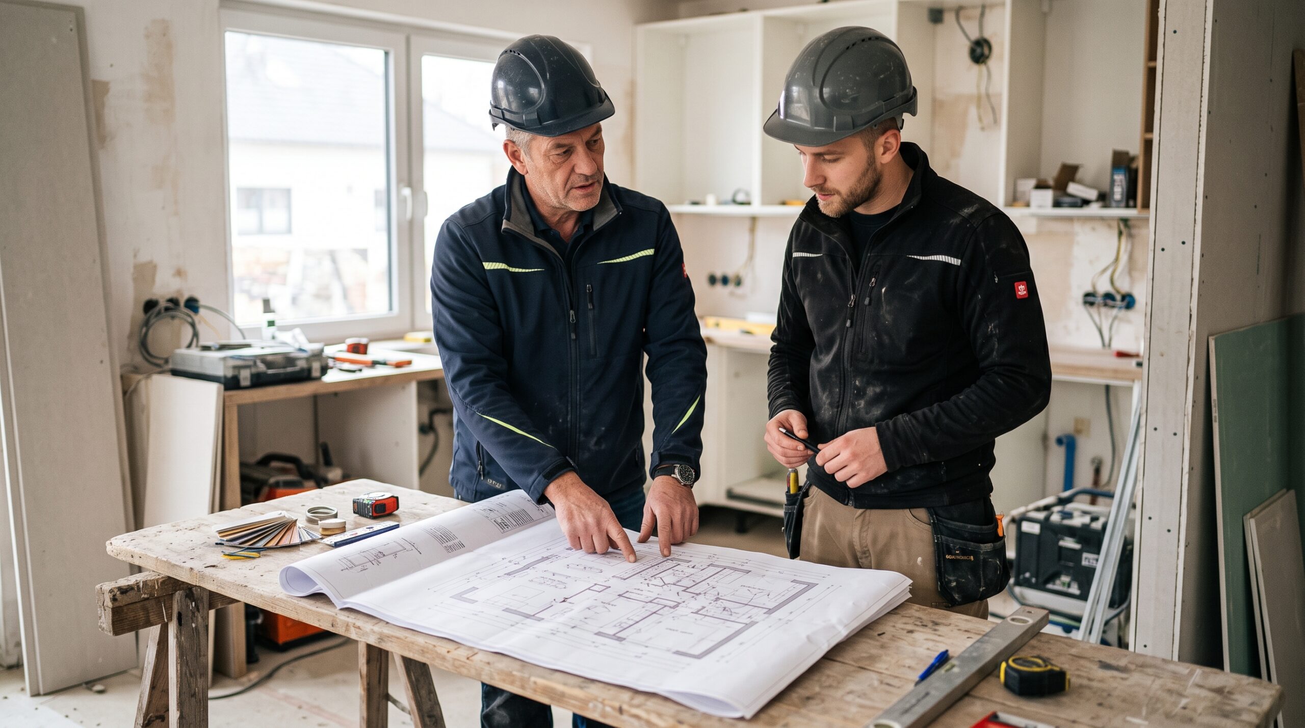 Ein Bauleiter bespricht einen Plan mit einem Elektriker in einer Küchenbaustelle