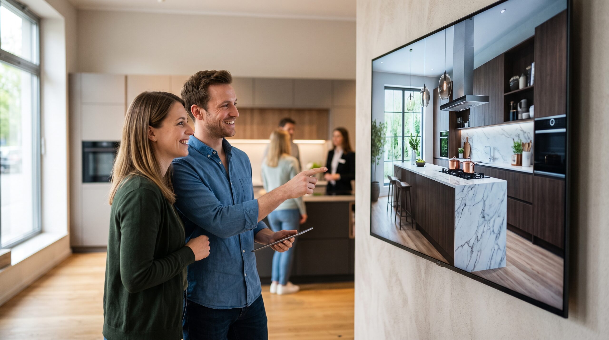 Ein Paar blickt begeistert auf einen großen Bildschirm mit einer fotorealistischen 3D-Küchenplanung