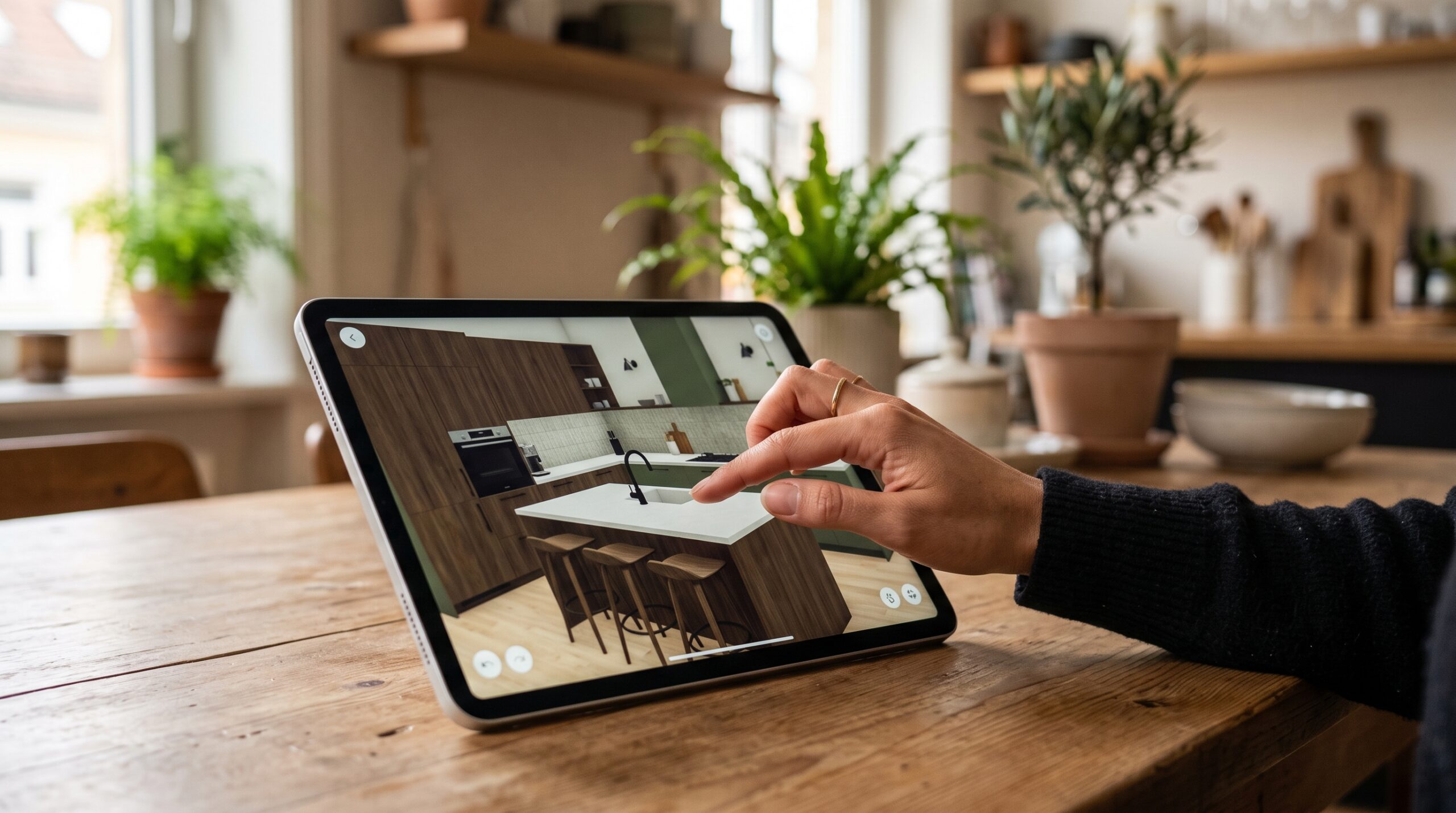 Nahaufnahme einer Hand, die auf einem Tablet eine 3D-Küchenansicht verschiebt