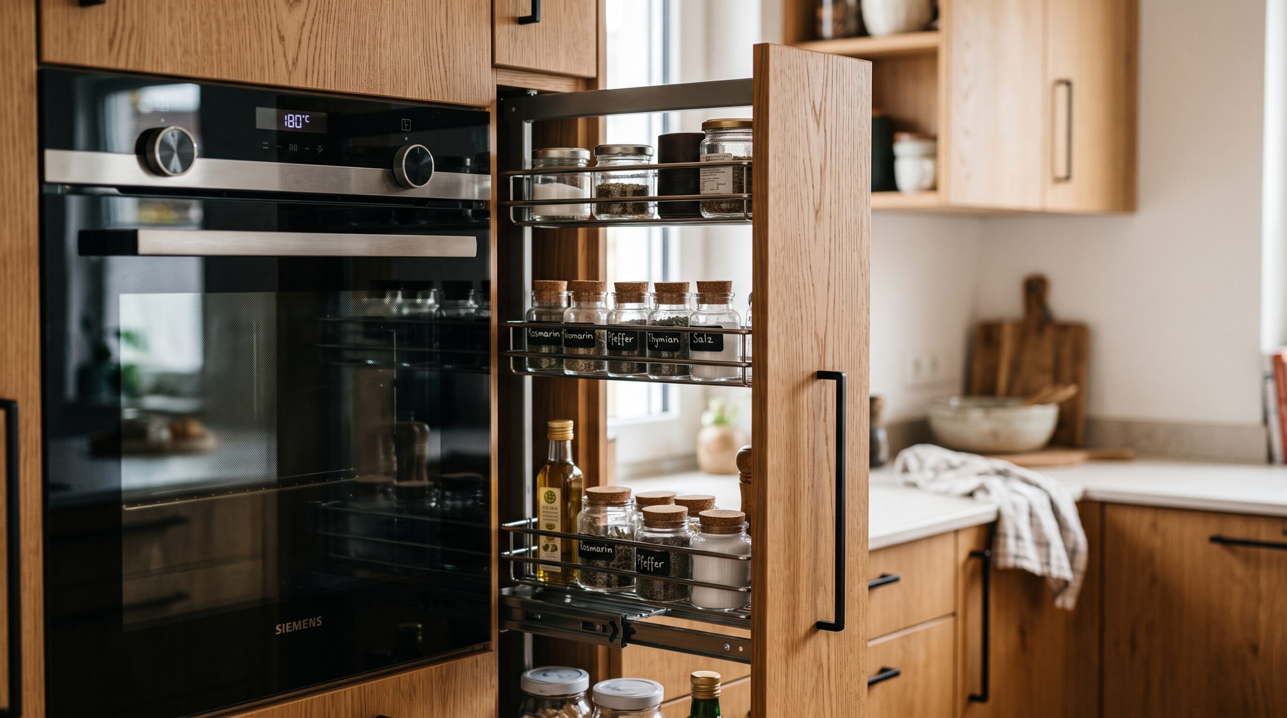 Detailaufnahme eines schmalen Apothekerschranks, der neben dem Backofen integriert ist