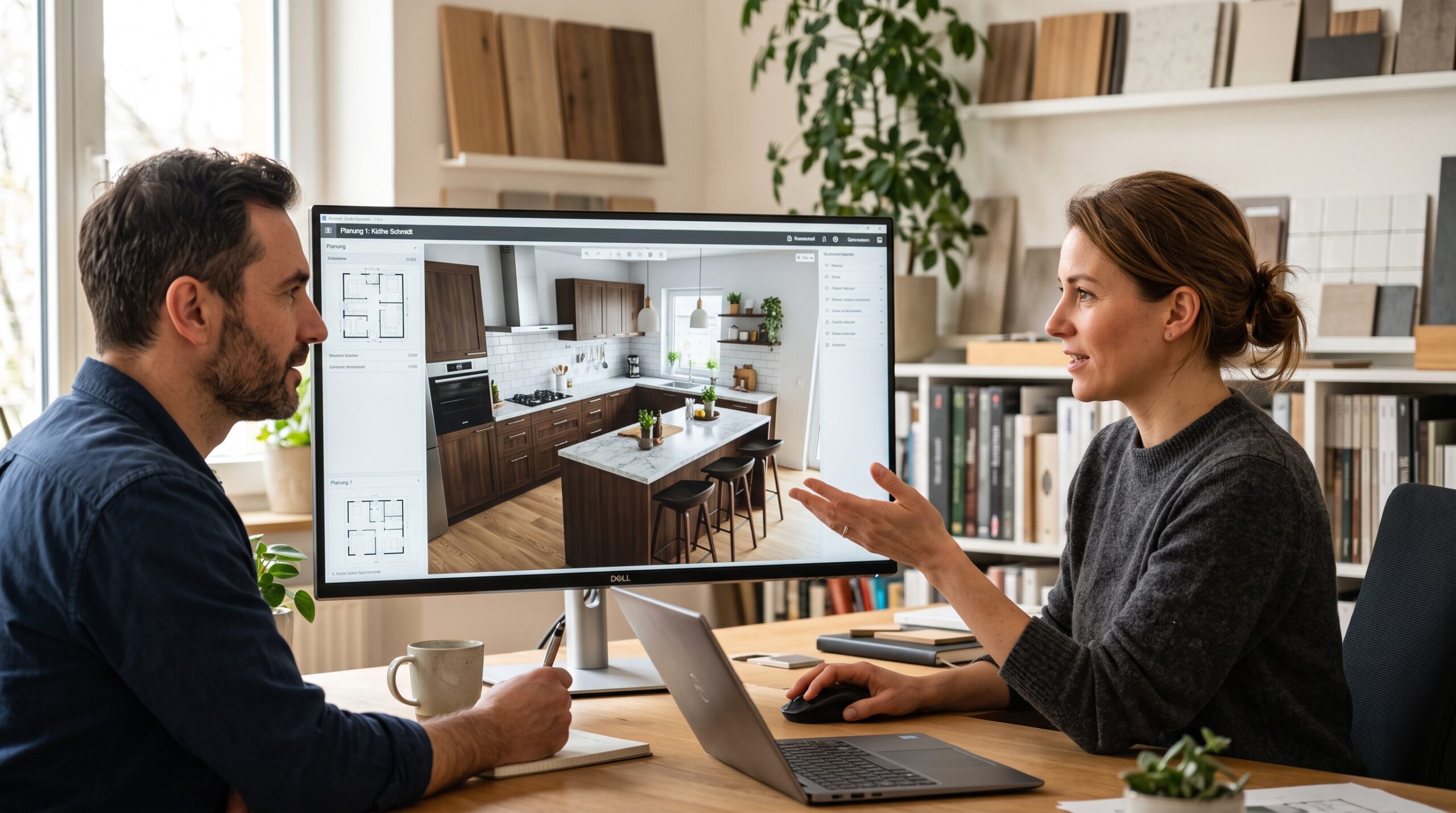 Eine detaillierte 3D-Küchenplanung auf einem großen Monitor in einem Beratungsgespräch