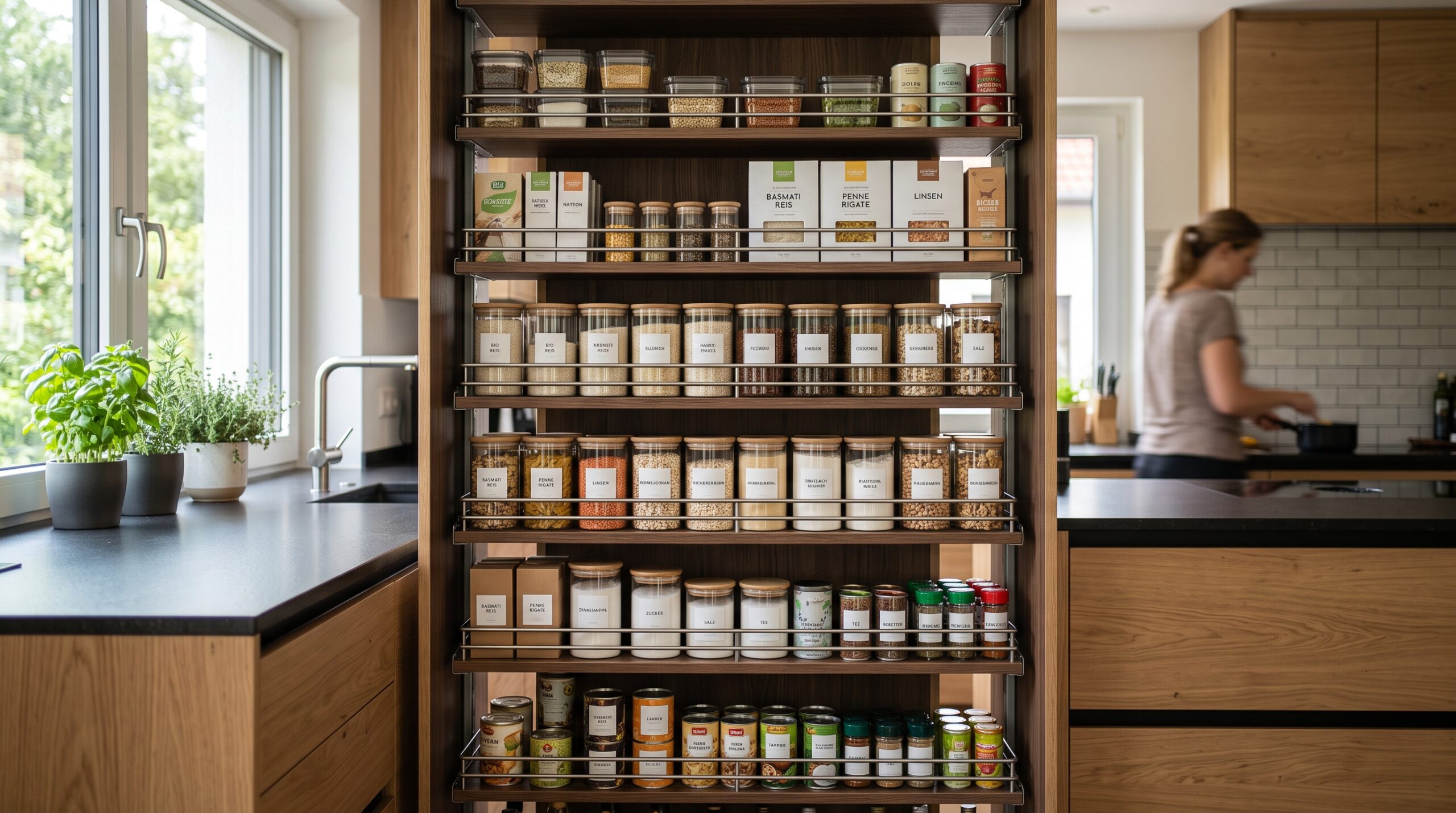 Ein voll ausgezogener, perfekt organisierter Apothekerschrank in einer modernen Küche