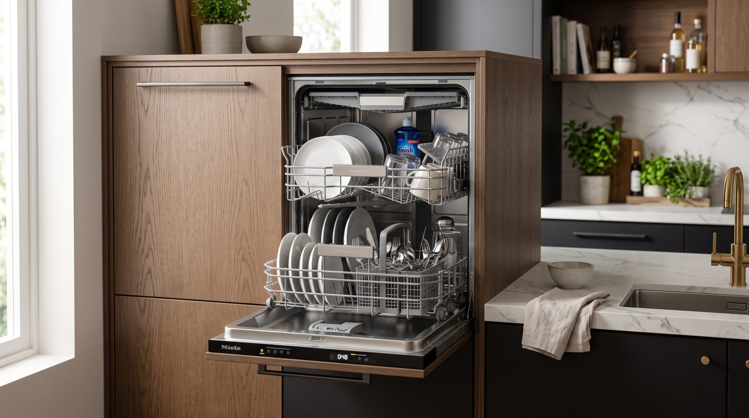 Detailaufnahme einer ergonomisch hochgesetzten Spülmaschine in einer eleganten Küche