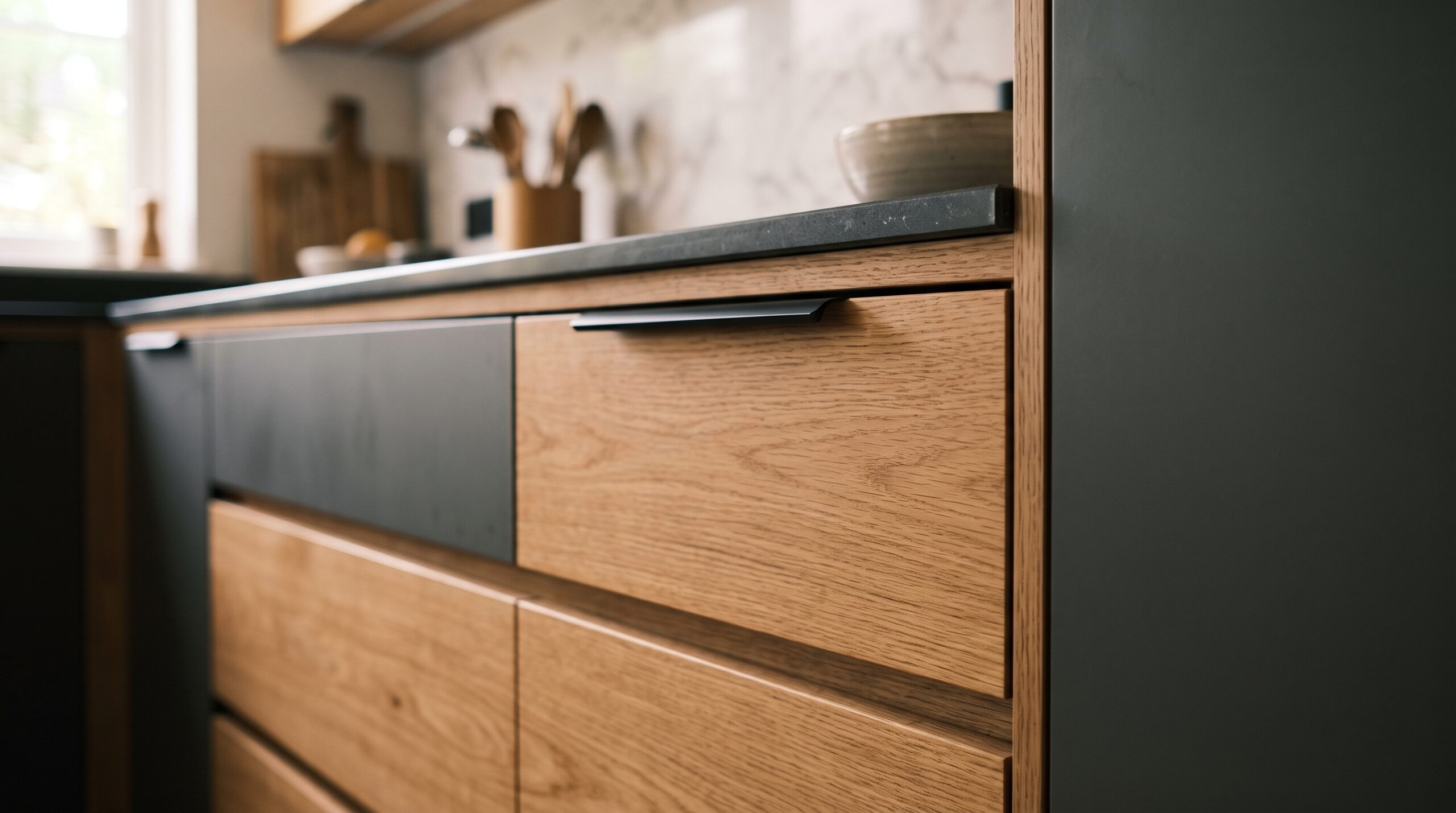 Detailaufnahme einer perfekt eingepassten Schublade in einer modernen Küche