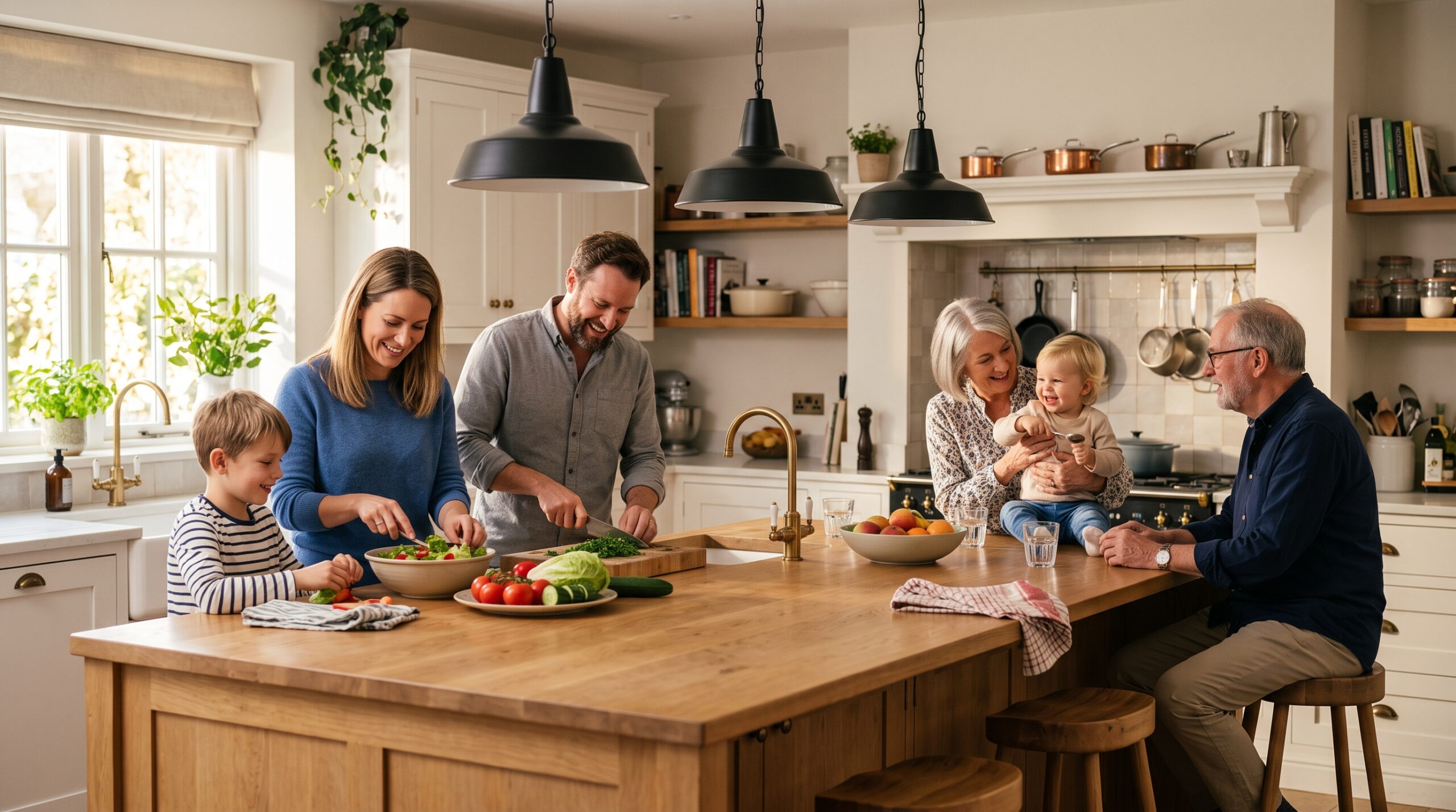 Grosszügige Kücheninsel mit Hängeleuchten und Platz für die ganze Familie