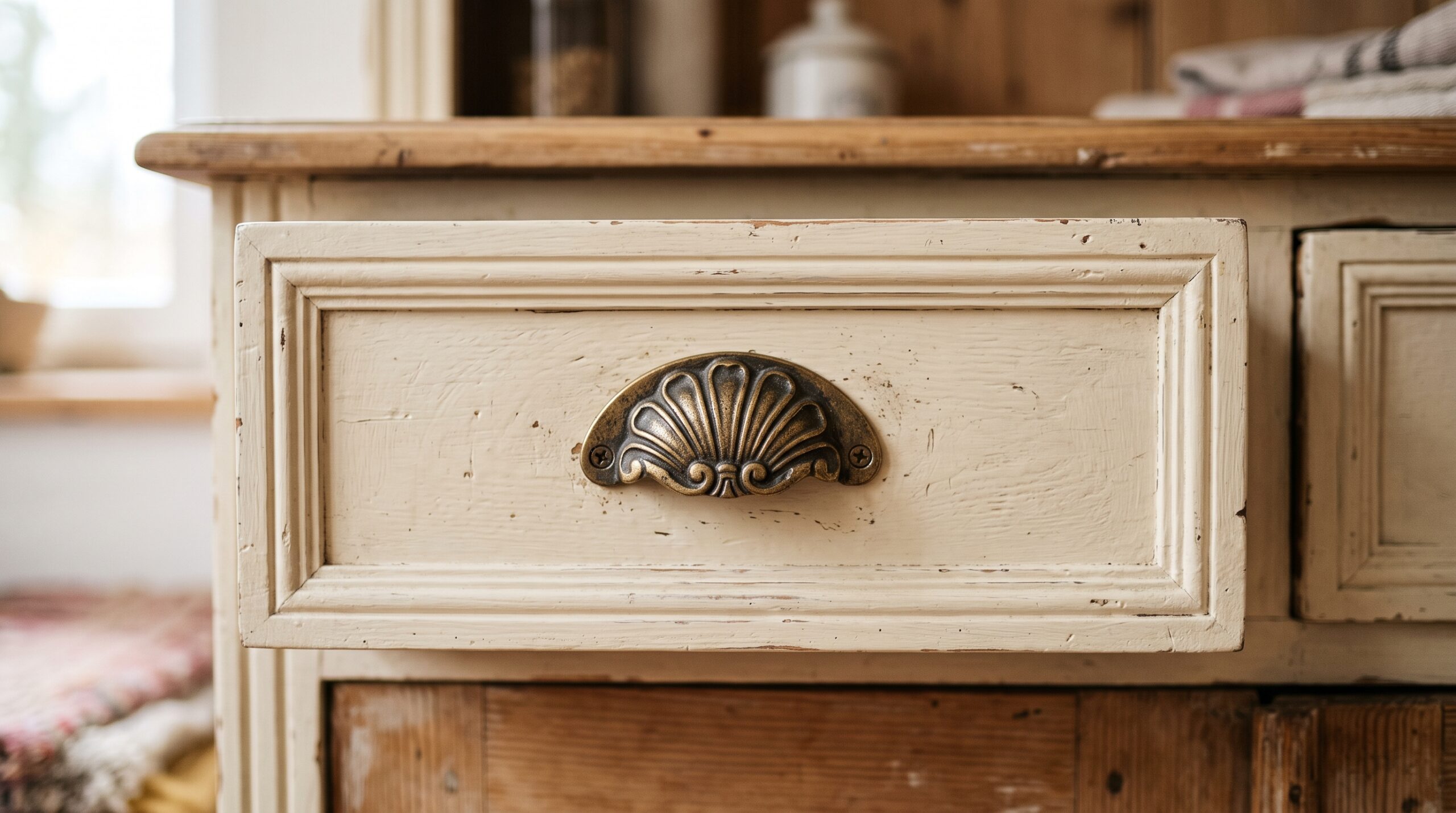 Detailaufnahme einer cremefarbenen Kassettenfront mit nostalgischem Muschelgriff