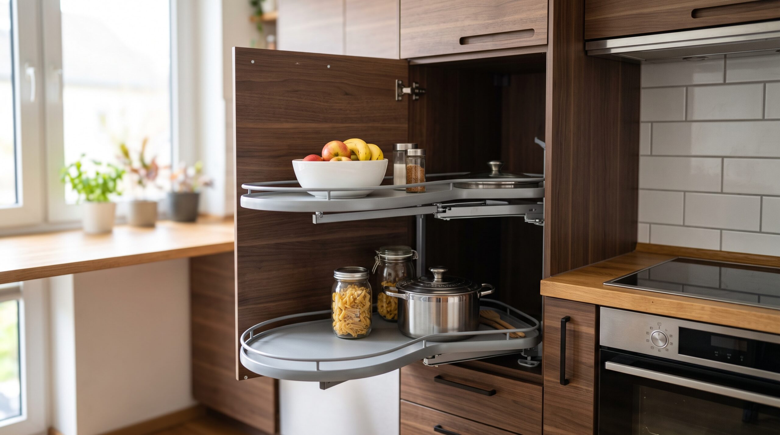 Ein geöffneter LeMans-Eckschrank mit elegant ausschwenkenden Tablaren