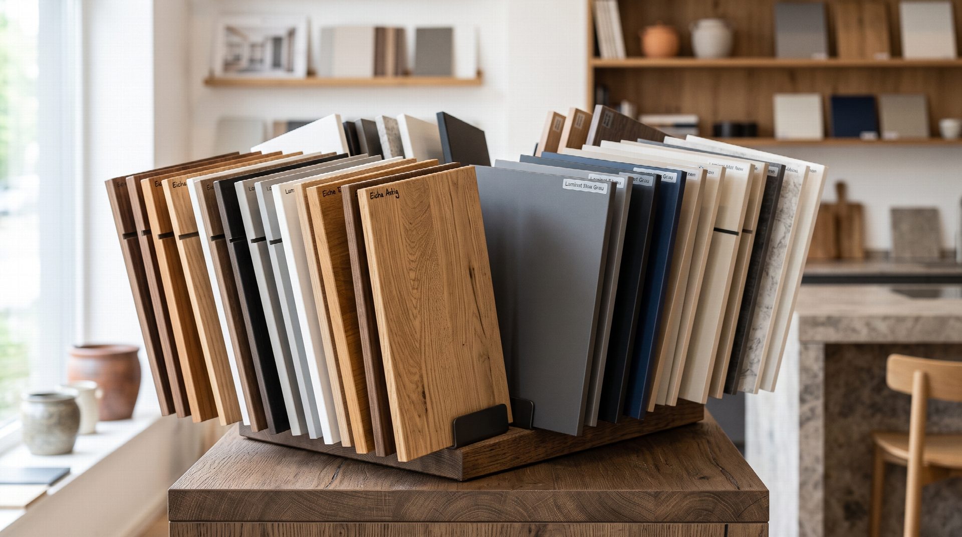 Musterfächer mit verschiedenen Küchenfronten aus Holz und Schichtstoff