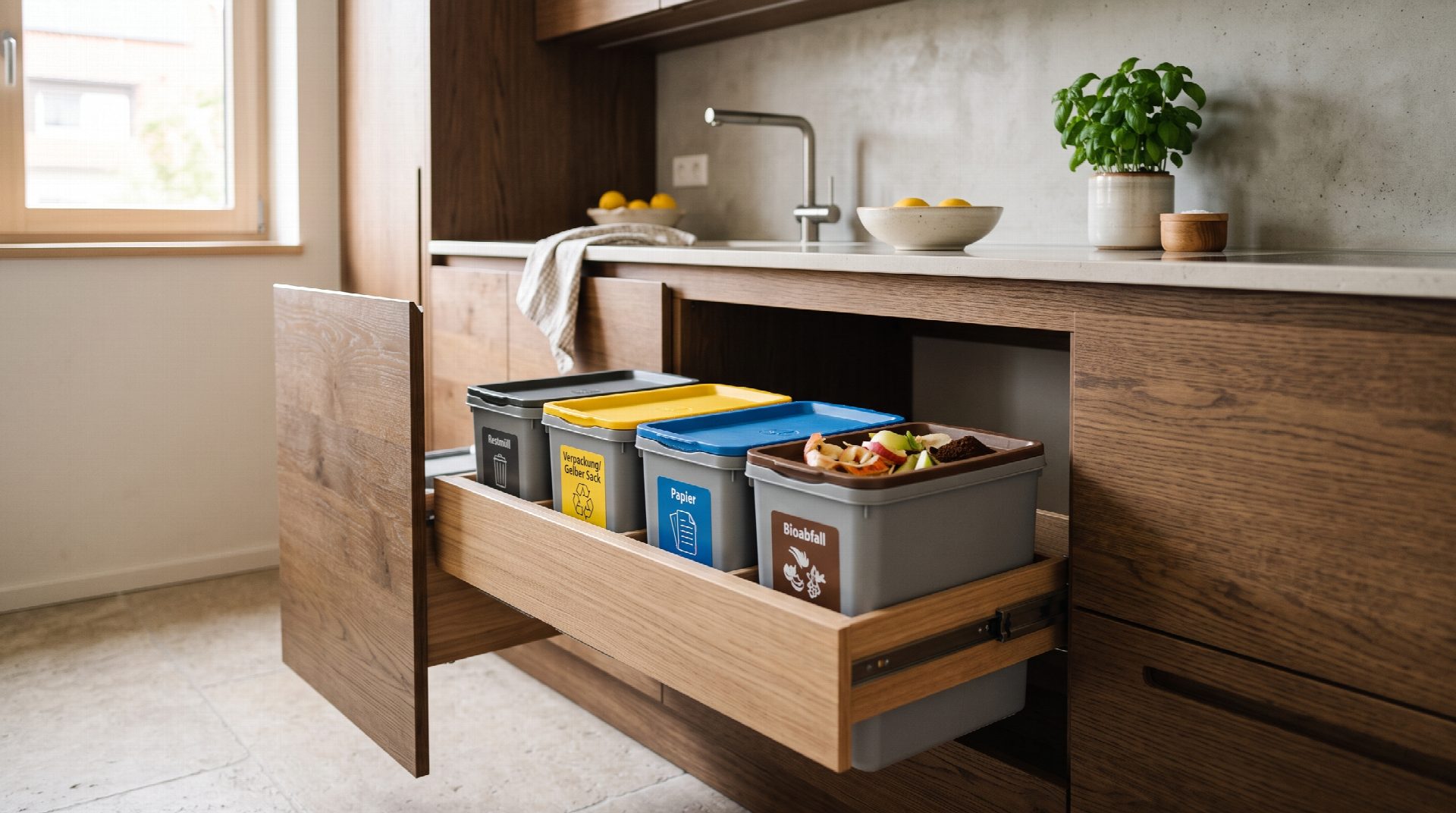 Ein elegant in den Unterschrank integriertes System zur Mülltrennung.