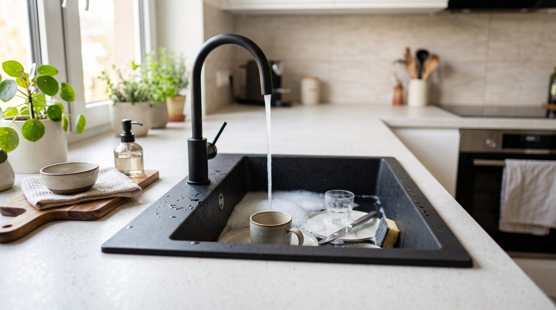 Eine moderne Küchenspüle aus dunklem Verbundwerkstoff, flächenbündig in eine helle Keramikarbeitsplatte eingelassen.