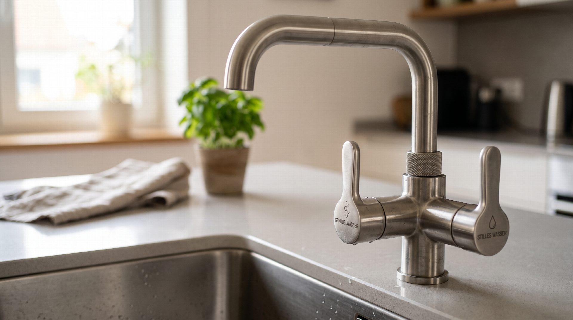Detailaufnahme einer eleganten Edelstahl-Armatur mit separaten Hebeln für Sprudelwasser und stilles Wasser.