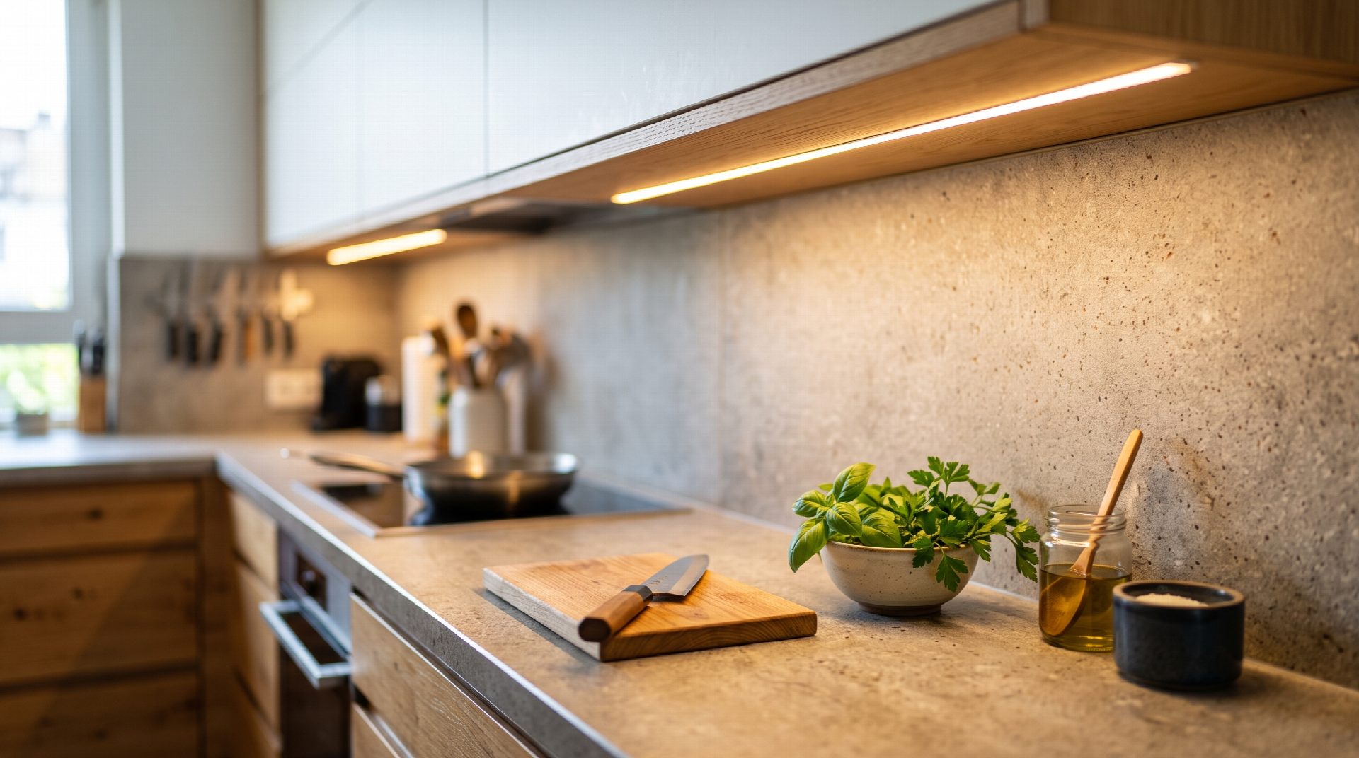 Nahaufnahme einer hell erleuchteten Küchenarbeitsplatte aus Keramik mit integrierter LED-Lichtleiste unter dem Hängeschrank.