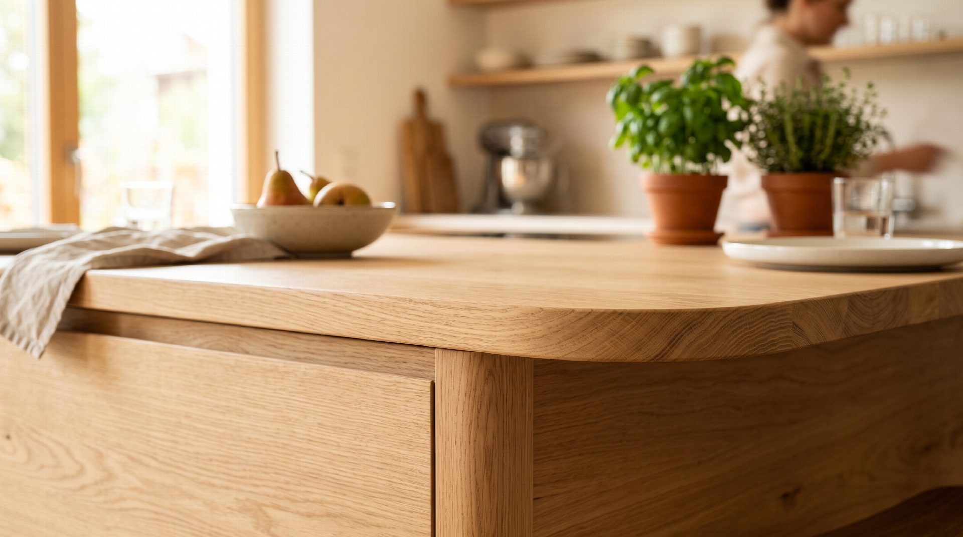 Detailaufnahme einer Kücheninsel mit elegant abgerundeter Ecke aus hellem Holz