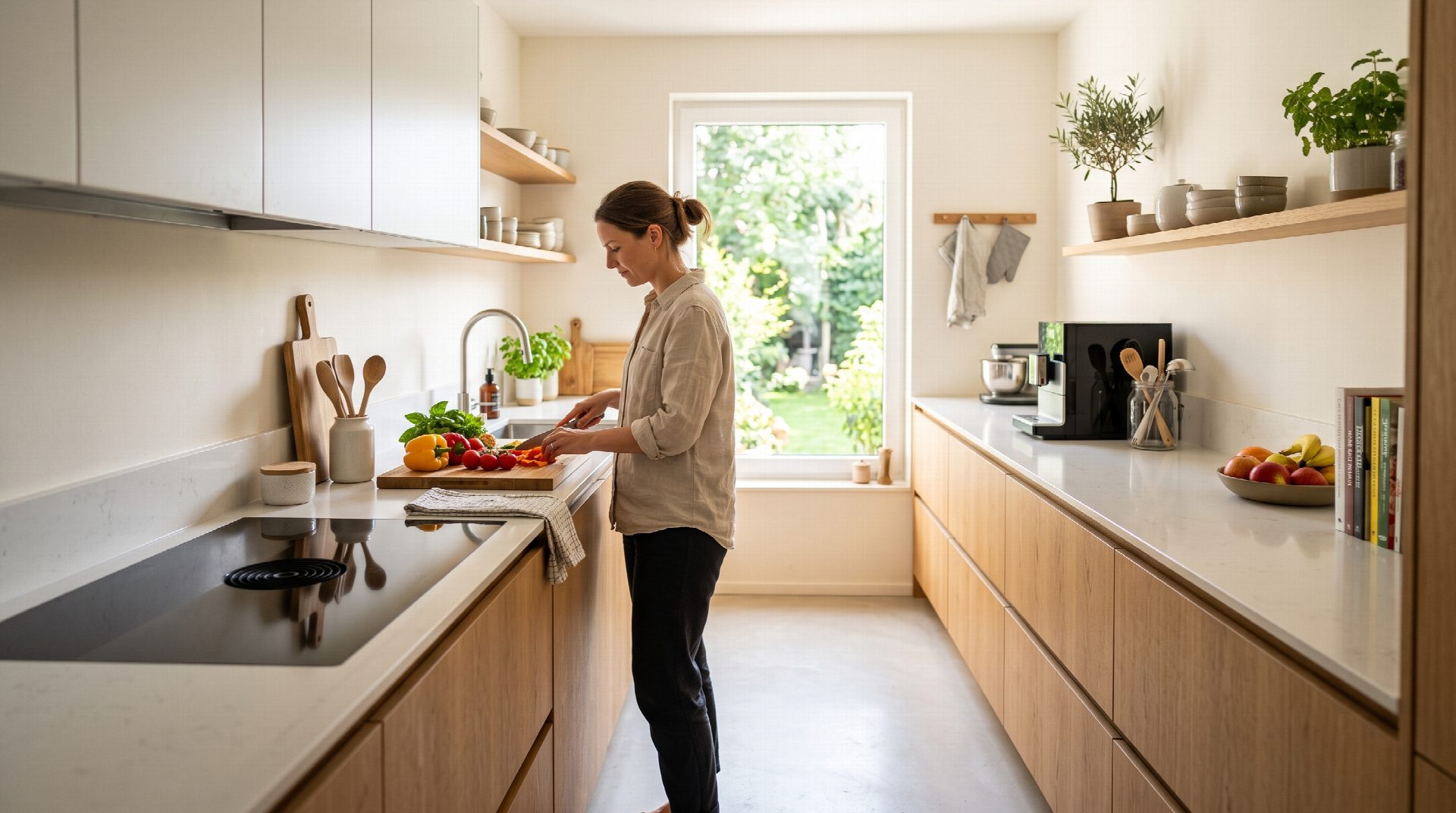 Eine helle, moderne zweizeilige Küche mit viel Arbeitsfläche.