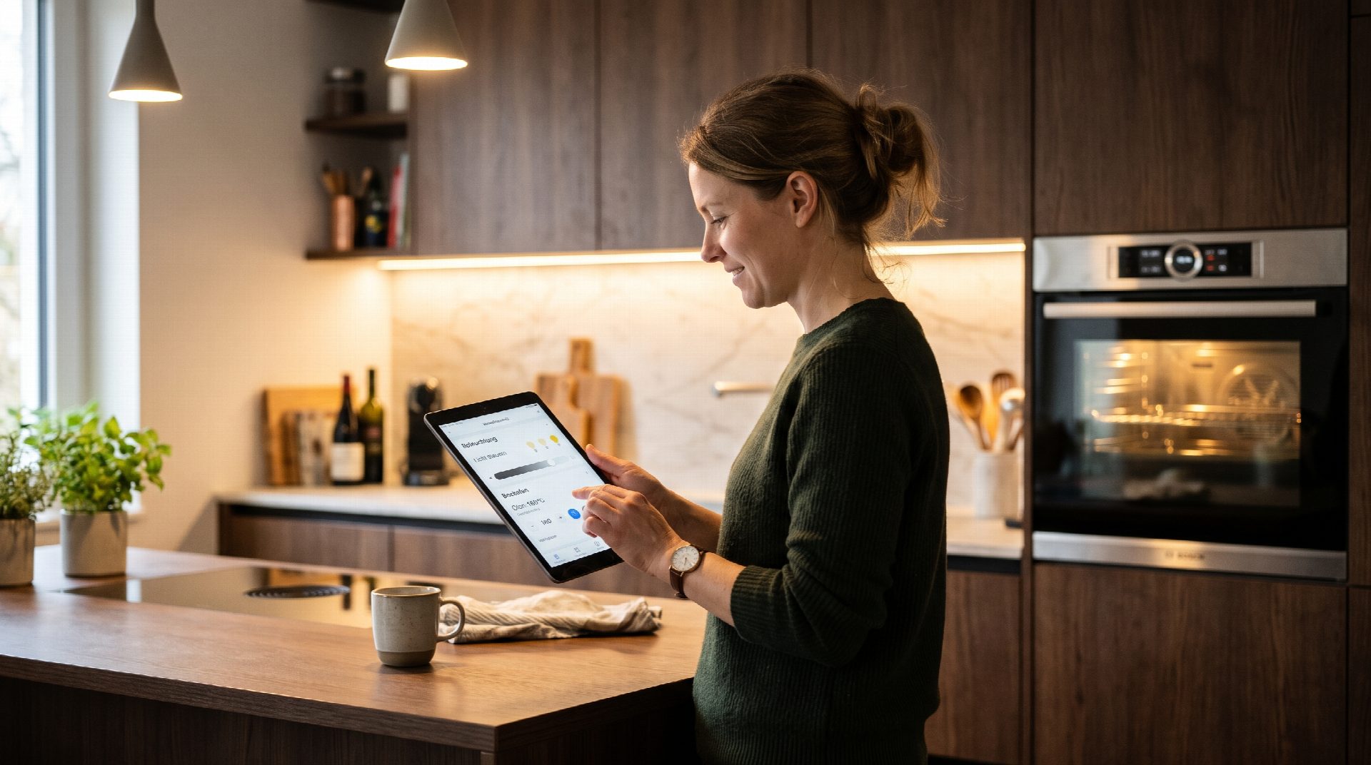Eine Person steuert per Tablet die Beleuchtung und den Backofen in ihrer modernen Küche