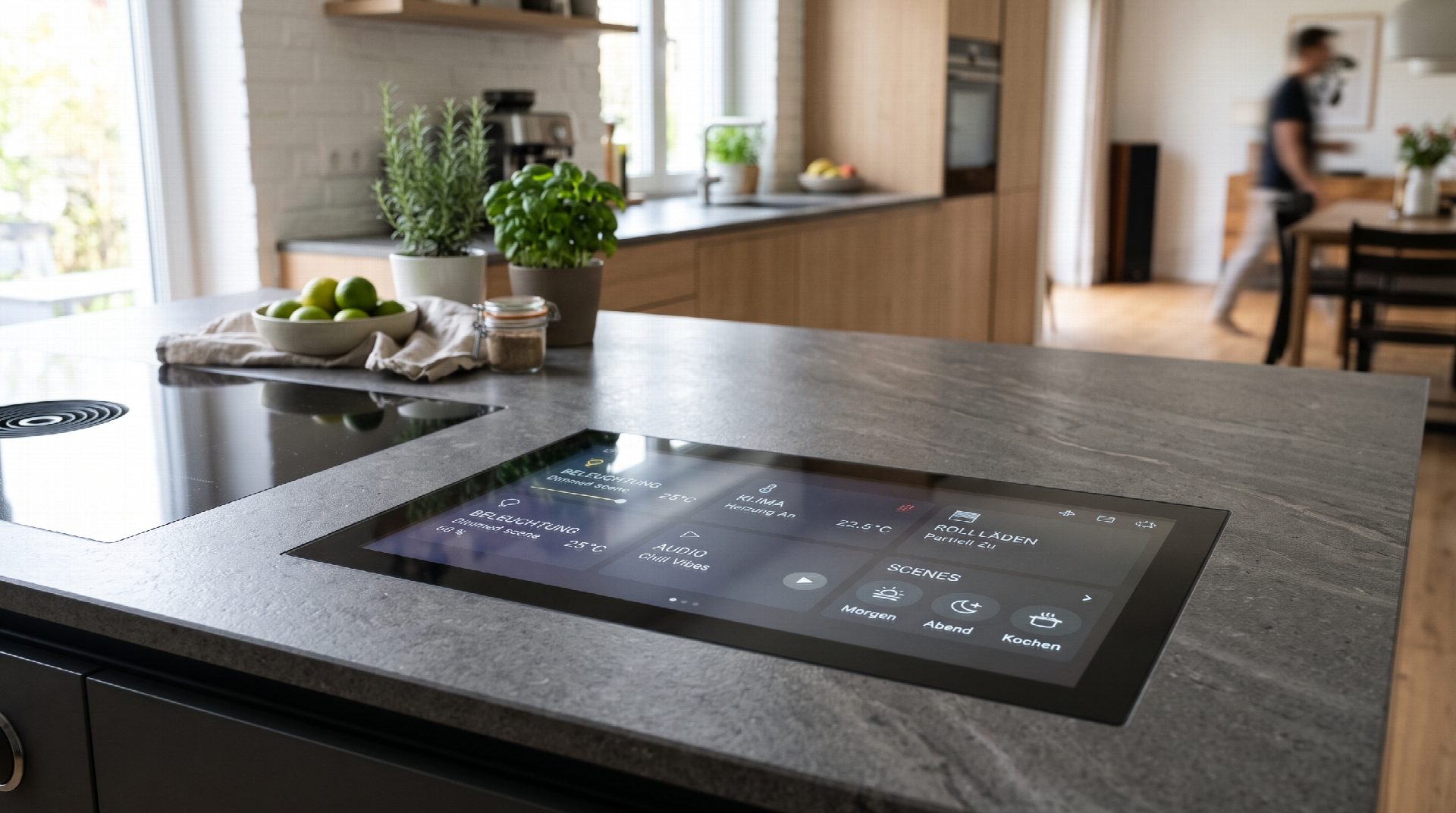 Detailansicht eines nahtlos in die Kücheninsel integrierten Touch-Displays für Smart-Home-Funktionen