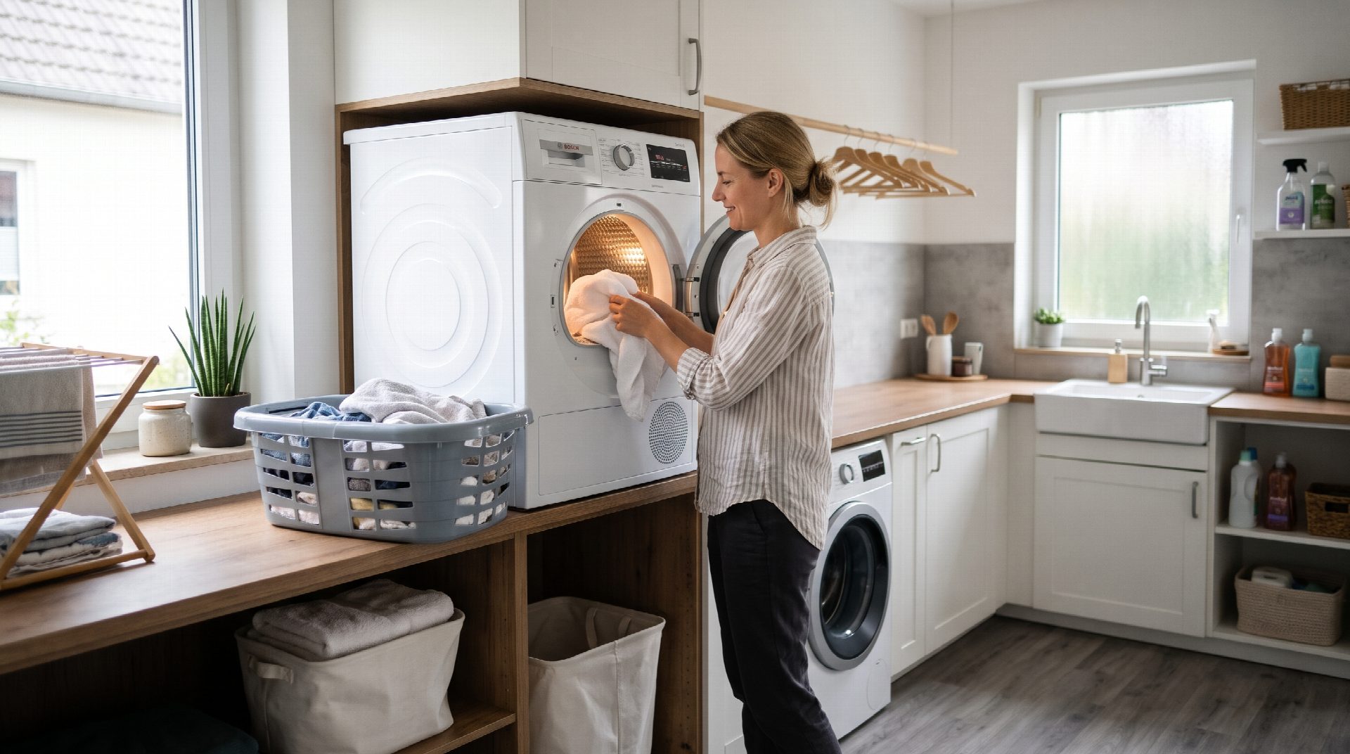 Ergonomisch hochgesetzter Wäschetrockner in einem modernen Hauswirtschaftsraum.